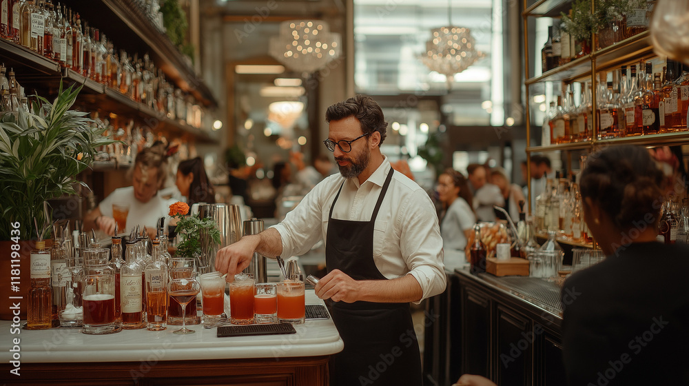 A lively bar scene with bartenders at work behind a busy bar counter, mixing cocktails and interacting with customers in a vibrant and modern bar setting. A lively bar scene with bartenders at work behind a busy bar counter, mixing cocktails and interacting with customers in a vibrant and modern bar setting.