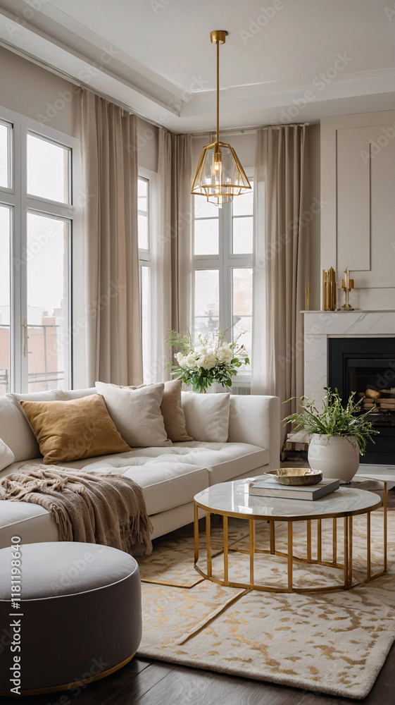 Fototapeta premium Bright spacious living room with golden accents neutral sofa and modern abstract painting on the wall Contemporary Interior Design Livingroom Inspiration