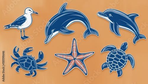 Vibrant Collection of Nautical Sea Life Dolphins Seagull Starfish Crab Turtle Illustrations photo