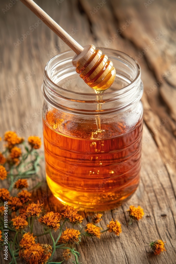 Golden Honey Drizzle: A close-up shot of golden honey being drizzled from a wooden honey dipper into glass jar.
Golden Honey Drizzle: A close-up shot of golden honey being drizzled from a wooden honey dipper into glass jar.
