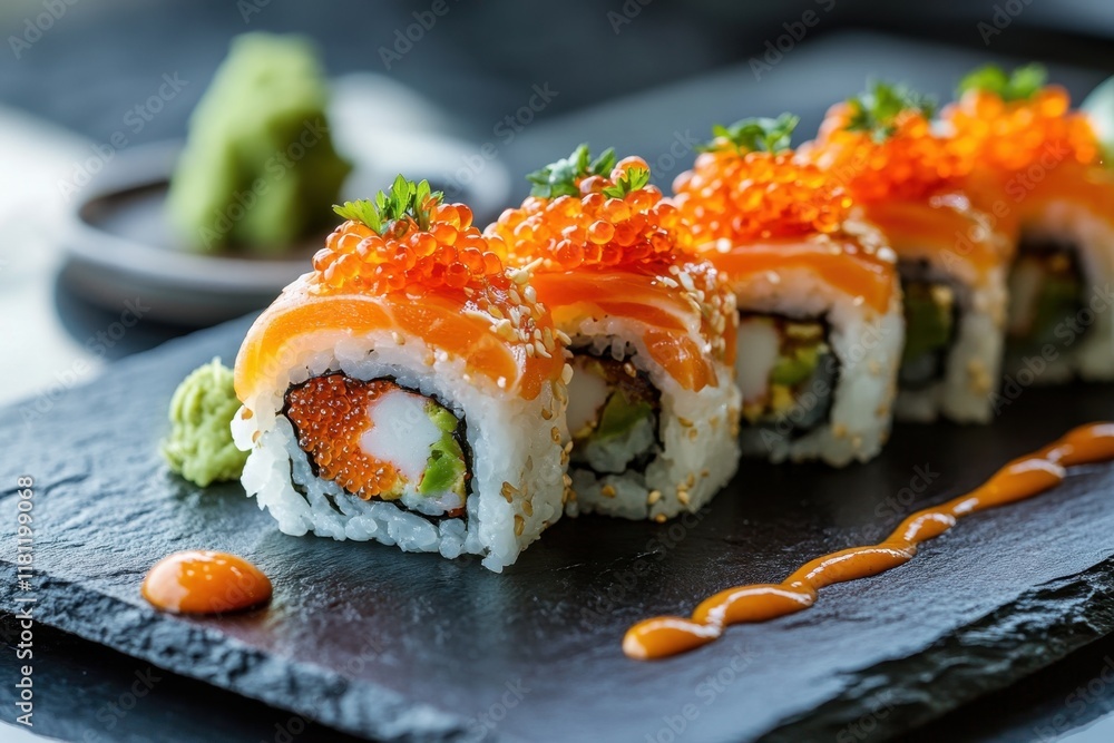 Delicious sushi roll topped with bright orange roe and garnished with wasabi japanese restaurant food photography modern dining environment close-up perspective Delicious sushi roll topped with bright orange roe and garnished with wasabi japanese restaurant food photography modern dining environment close-up perspective
