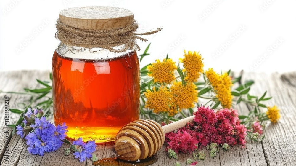 Golden Honey Drizzle: A close-up shot of golden honey being drizzled from a wooden honey dipper into glass jar.
Golden Honey Drizzle: A close-up shot of golden honey being drizzled from a wooden honey dipper into glass jar.