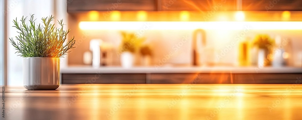 Minimal furniture concept. A stylish kitchen setting featuring a potted plant on a wooden countertop. Minimal furniture concept. A stylish kitchen setting featuring a potted plant on a wooden countertop.