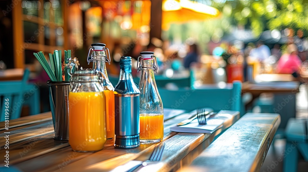 A dining setup with a beverage rack holding sparkling water and organic juice bottles. A dining setup with a beverage rack holding sparkling water and organic juice bottles.