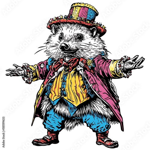 A whimsical hedgehog in colorful attire.
