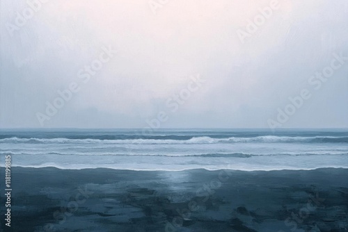 A serene seascape with gentle waves and a soft, muted sky.