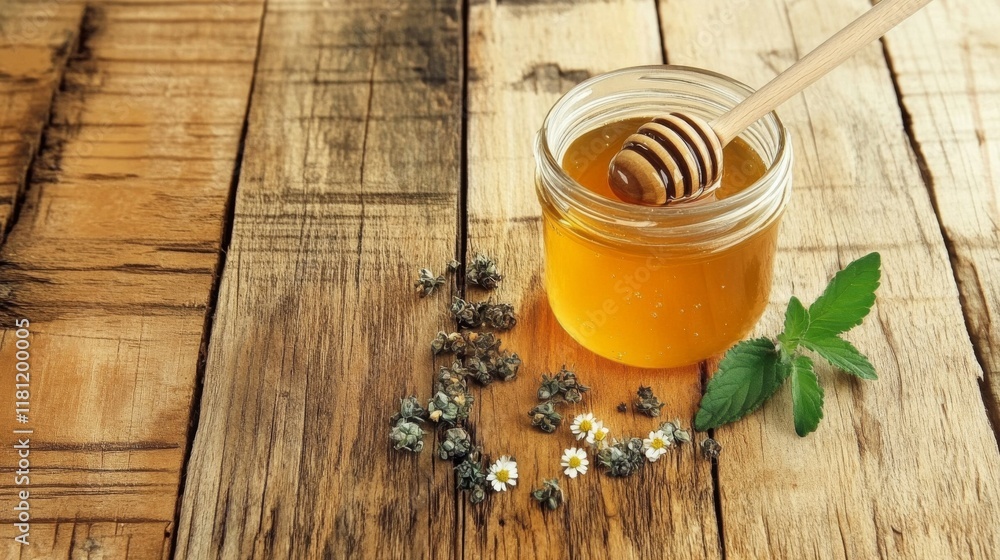 Golden Honey Drizzle: A close-up shot of golden honey being drizzled from a wooden honey dipper into glass jar.
Golden Honey Drizzle: A close-up shot of golden honey being drizzled from a wooden honey dipper into glass jar.