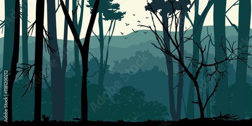 Silhouettes of a trees forest and mountain. natural isolated on blue background.