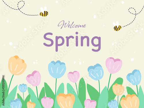 Welcome spring banner. Trendy texture. Season vocation, weekend, holiday logo. Spring Time Wallpaper. Happy spring Day. Spring vector Lettering text. Fashionable styling. Flower vector.