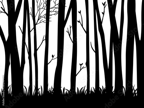 Black Branch Tree or Naked trees silhouettes set. Hand drawn isolated illustrations.