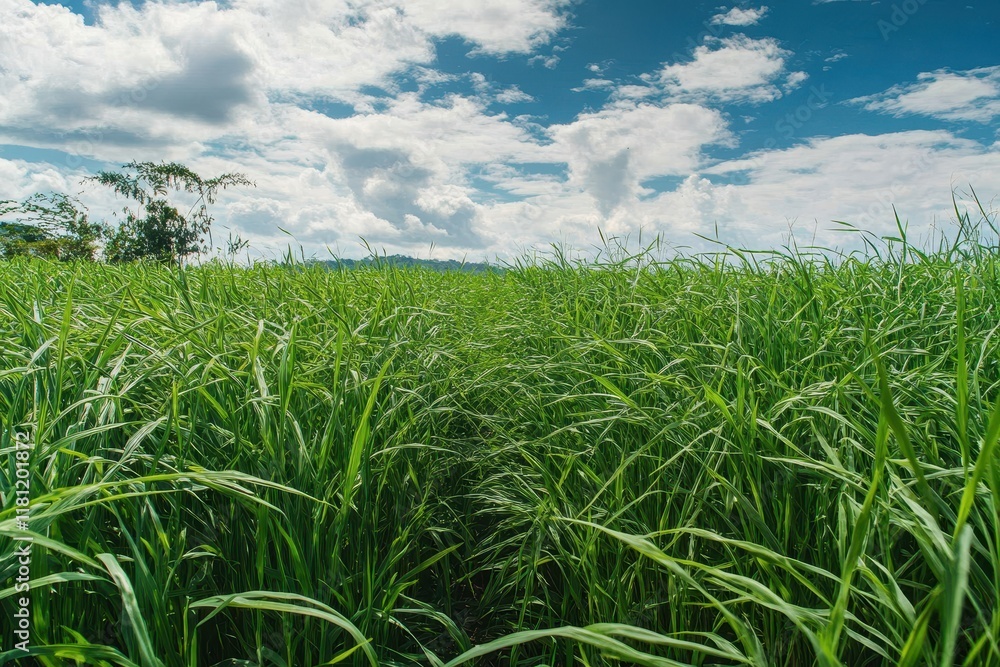 Lush green grass field under blue sky, hilly background, nature scene Lush green grass field under blue sky, hilly background, nature scene
