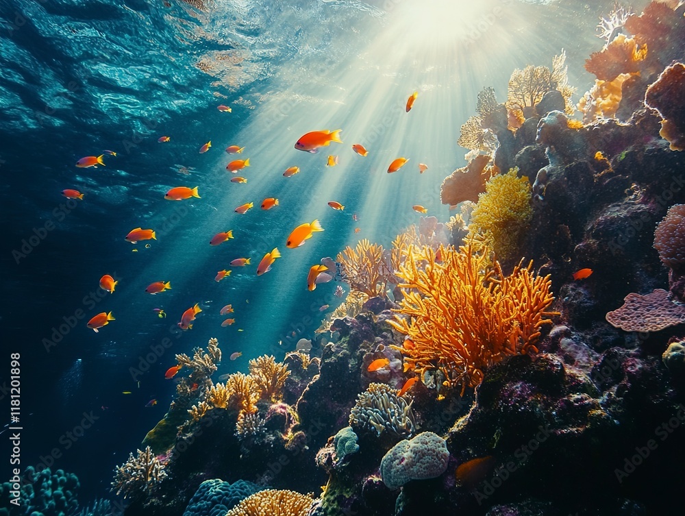 Naklejka premium Sunbeams Illuminating Vibrant Coral Reef and Fish