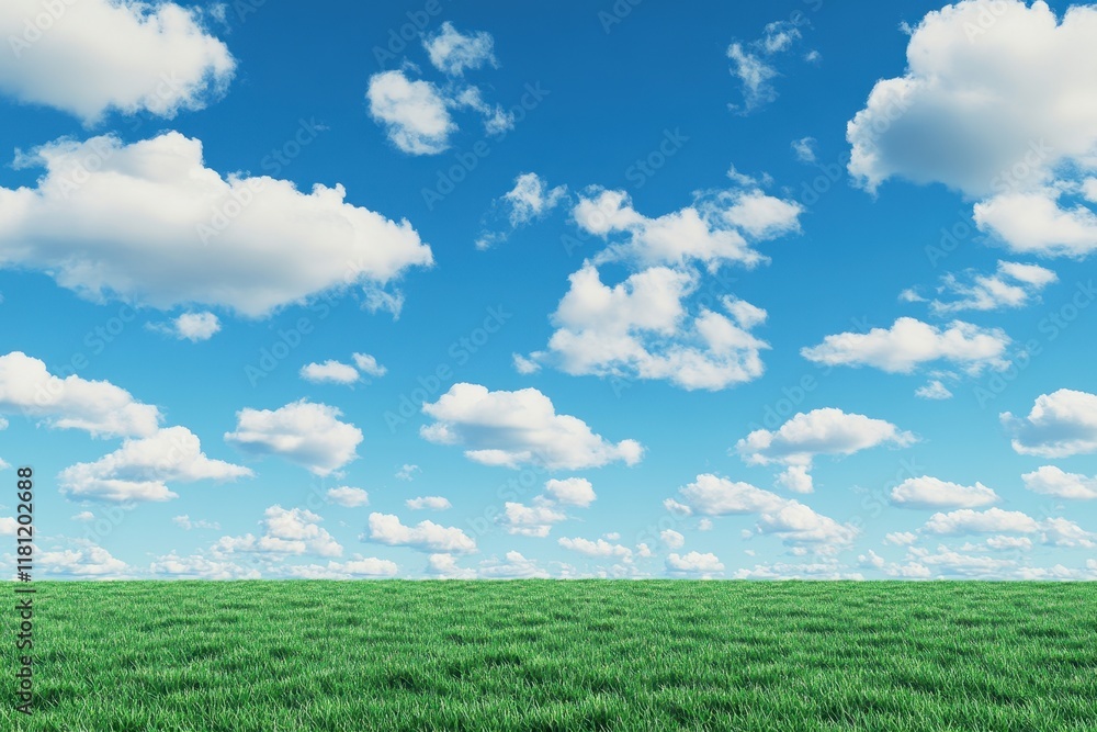 Lush green field under a vibrant blue sky with fluffy clouds; idyllic landscape for website background