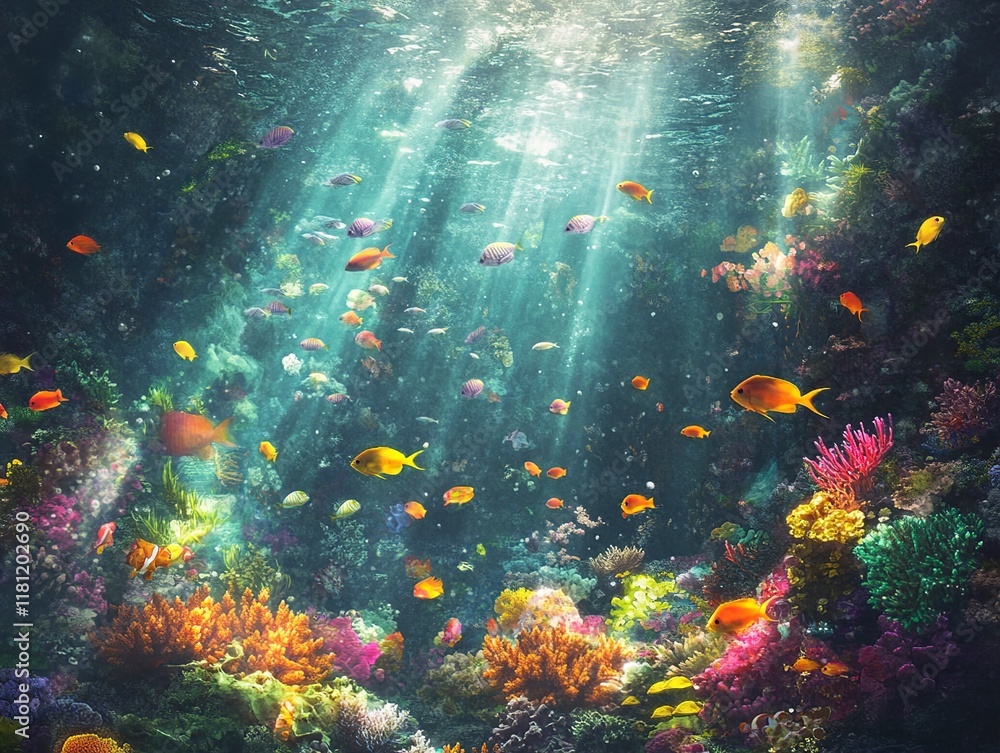 Naklejka premium Vibrant Underwater Coral Reef Scene with Colorful Fish Swimming in Sunlight