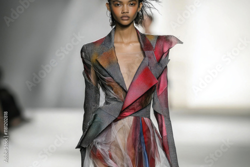 Avant-garde runway look with bold color blocking photo