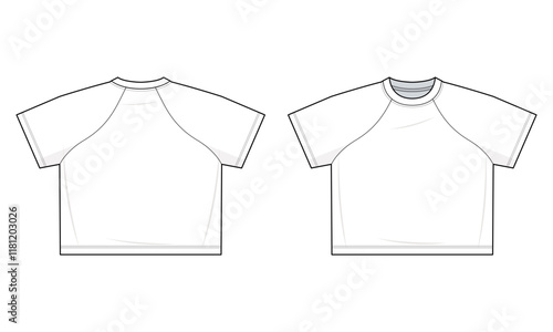 Basic raglan T-shirt flat technical fashion illustration. Raglan Tee shirt vector template illustration. front and back view. regular fit. drop shoulder. unisex. white color. CAD mockup.