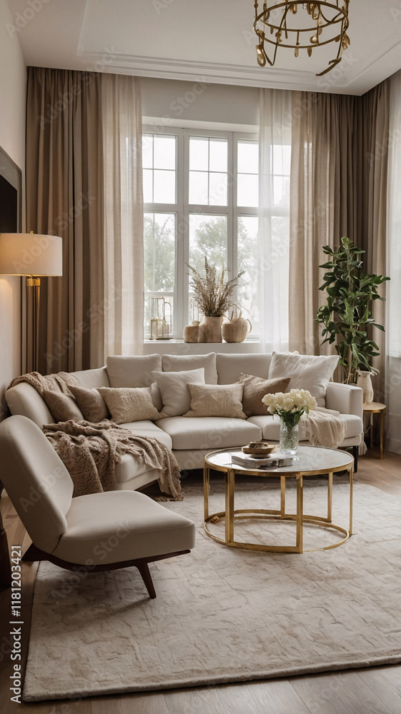 Fototapeta premium Sophisticated modern interior design with large windows neutral color couch abstract painting and golden accents Contemporary Interior Design Livingroom Inspiration