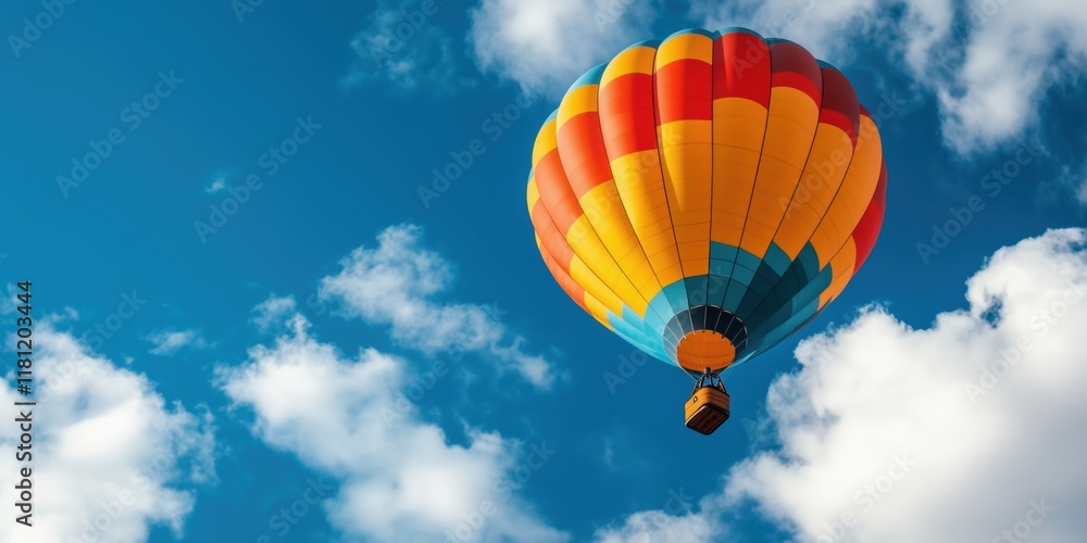 Naklejka premium Vibrant hot air balloon soaring against a blue sky