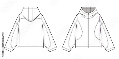 Zip-Up Hoodie Technical Fashion Illustration. Hoodie with full-zip front closure, curved front patch pockets. dropped shoulders. Front and back view. streetwear. Relaxed fit. Unisex. Cad mockup set.
