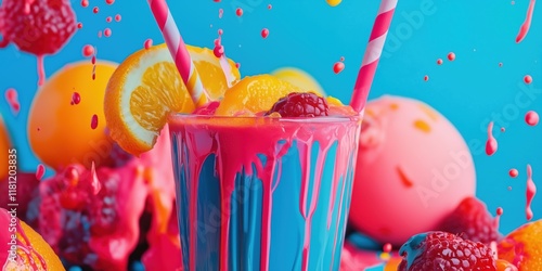 Vibrant fruit smoothie splashing against a colorful backdrop