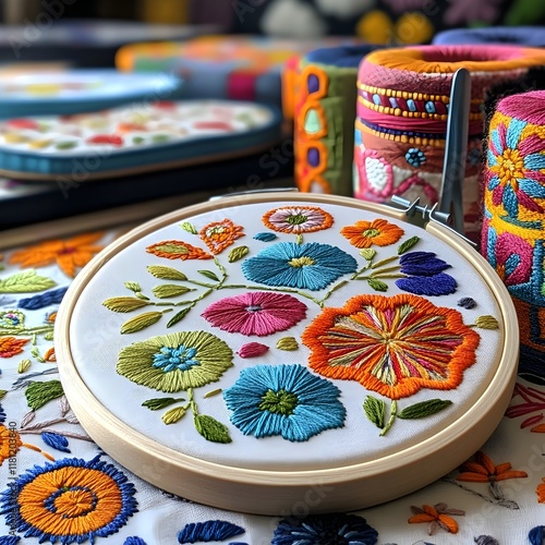 A photo of an embroidery hoop with colorful thread patterns on white fabric photo