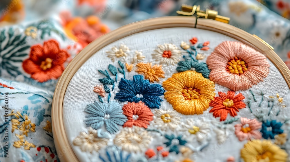 Fototapeta premium A photo of an embroidery hoop with colorful thread patterns on white fabric