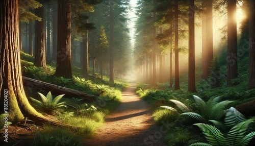 Sunlit Forest Path with Lush Greenery and Tall Trees