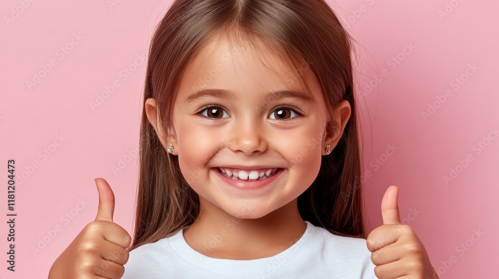 Young girl with long brown hair is smiling and giving a thumbs up. Concept of happiness and positivity Young girl with long brown hair is smiling and giving a thumbs up. Concept of happiness and positivity