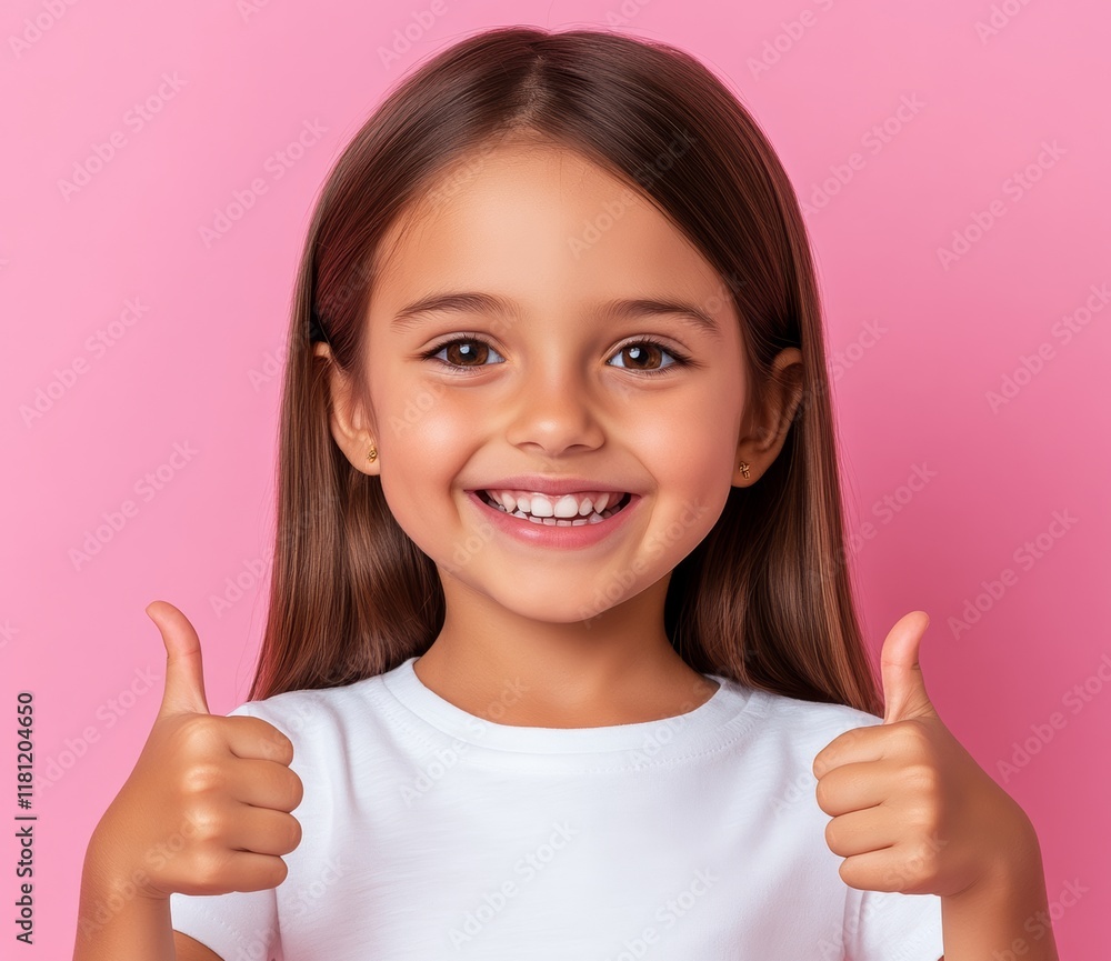 Young girl is smiling and giving a thumbs up. She is wearing a white shirt and has long brown hair
