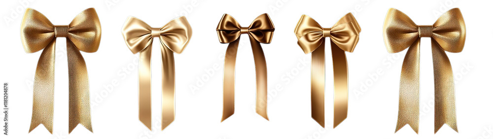 Set of golden, shiny, realistic gift bows with long ribbons, isolated on a white background. Detailed, in PNG format Set of golden, shiny, realistic gift bows with long ribbons, isolated on a white background. Detailed, in PNG format