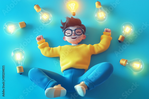 A playful 3D illustration of a cartoon-style character lying on a vibrant blue background, surrounded by light bulbs. The character wears glasses, a yellow sweater, and blue pants, with a glowing ligh