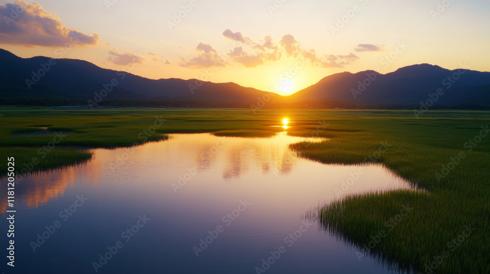 Fototapeta premium A picturesque sunset over peaceful wetlands with grassy patches and distant hills, reflecting warm sunlight on tranquil water, evoking serenity and natural beauty.
