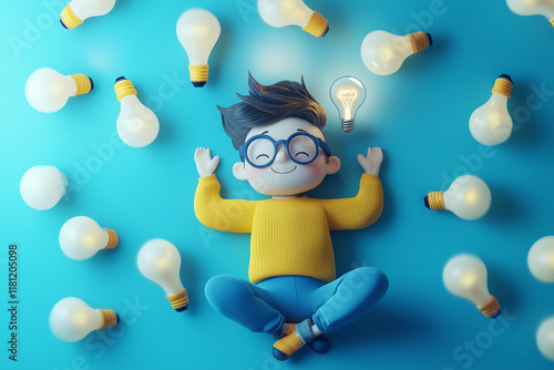 A playful 3D illustration of a cartoon-style character lying on a vibrant blue background, surrounded by light bulbs. The character wears glasses, a yellow sweater, and blue pants, with a glowing ligh