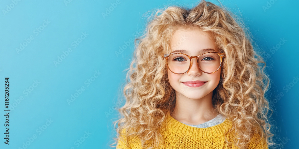Portrait of a happy young girl with blonde curly hair wearing glasses and a yellow sweater, standing in front of a vibrant blue background, with a cheerful and confident expression. Portrait of a happy young girl with blonde curly hair wearing glasses and a yellow sweater, standing in front of a vibrant blue background, with a cheerful and confident expression.