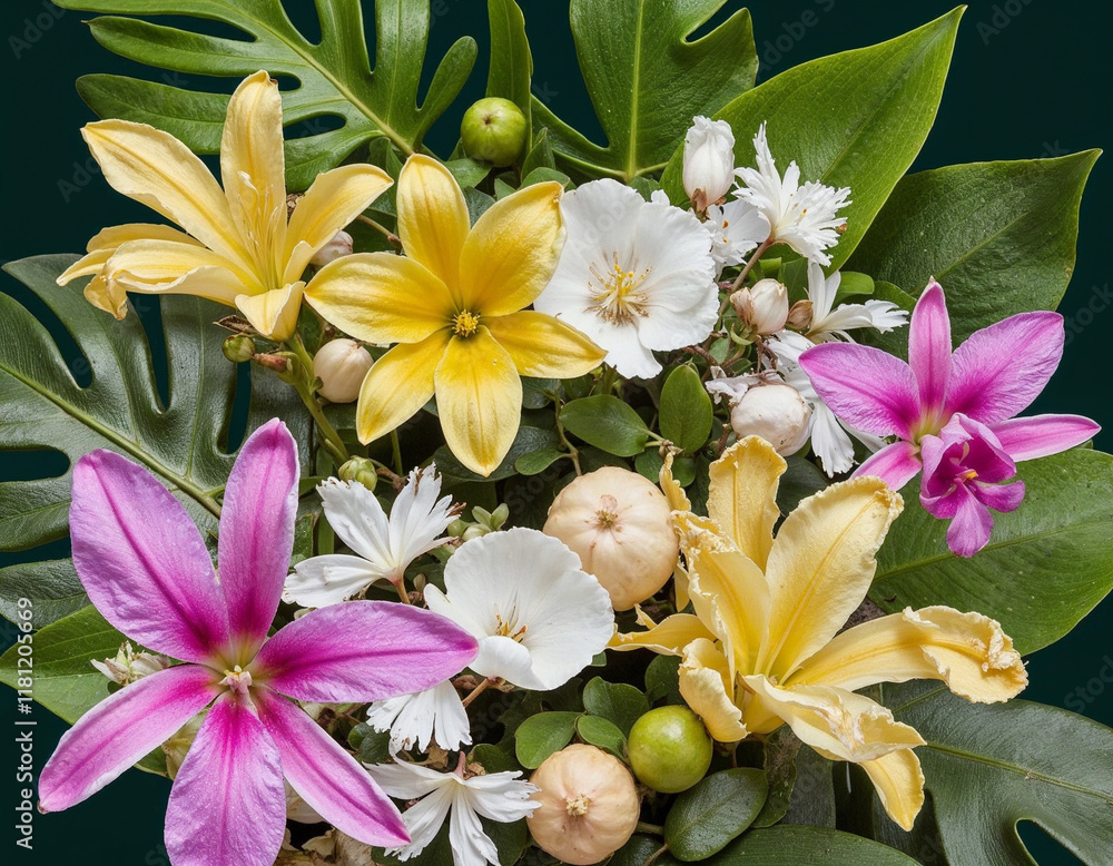 Fototapeta premium Vibrant Tropical Flowers Bouquet Exotic Blooms Lush Green Leaves