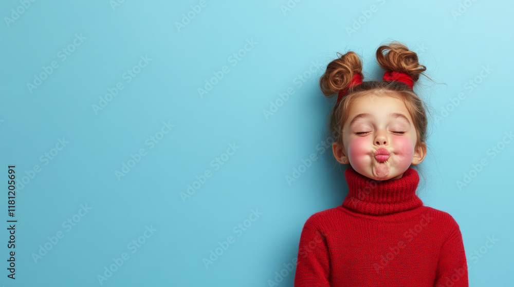 A cheerful child making a playful face, wearing a cozy red sweater and styled hair, set against a bright blue background with ample copy space, exuding kid's joy and creativity. A cheerful child making a playful face, wearing a cozy red sweater and styled hair, set against a bright blue background with ample copy space, exuding kid's joy and creativity.