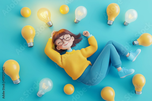 A playful 3D illustration of a cartoon-style character lying on a vibrant blue background, surrounded by light bulbs. The character wears glasses, a yellow sweater, and blue pants, with a glowing ligh