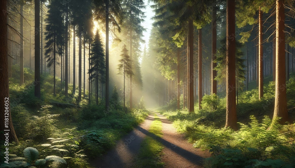 Fototapeta premium Sunlit Forest Path with Lush Greenery and Tall Trees