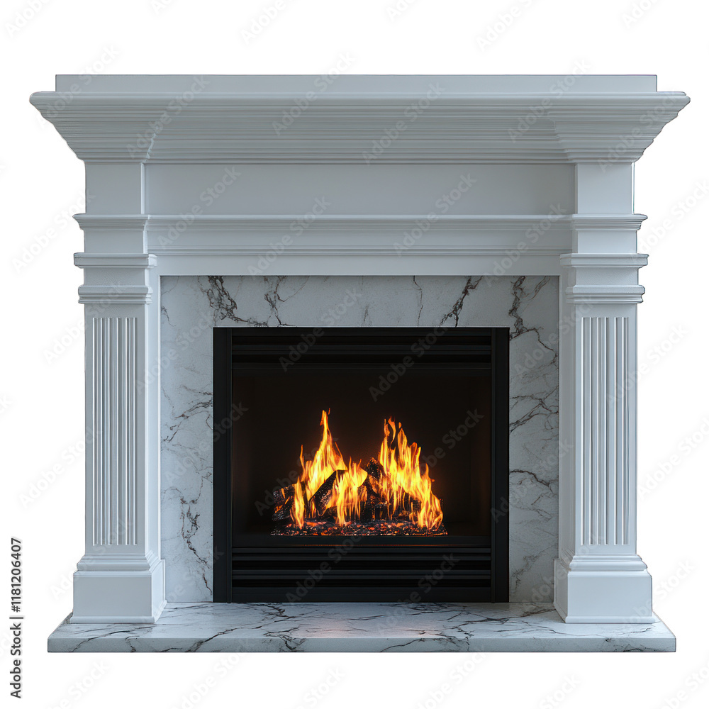 A modern fireplace with a marble surround and a glowing fire. A modern fireplace with a marble surround and a glowing fire.