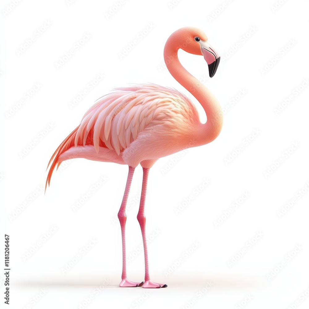 Fototapeta premium a playful flamingo cartoon, animal character, 3D illustration, pastel and shiny, isolated on white background