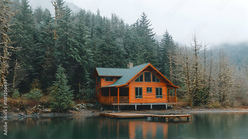 Fototapeta premium Rustic cabin on a lake nestled amongst misty forest.