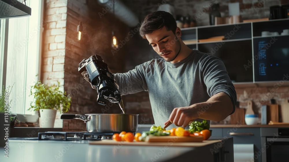 Young man with a robotic arm cooking in a modern kitchen chopping vegetables and stirring a pot