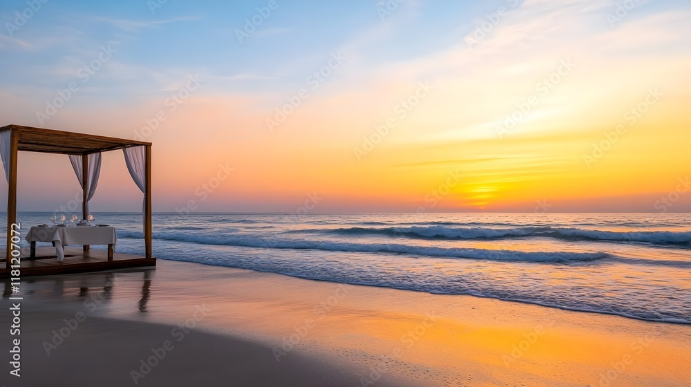 romantic beach sunset dinner, ocean view - golden hour romantic beach sunset dinner, ocean view - golden hour