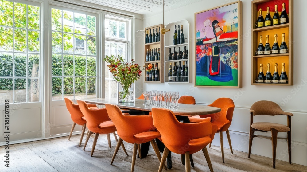 Naklejka premium A stylish dining room with a modern bottle rack showcasing an array of champagne bottles.