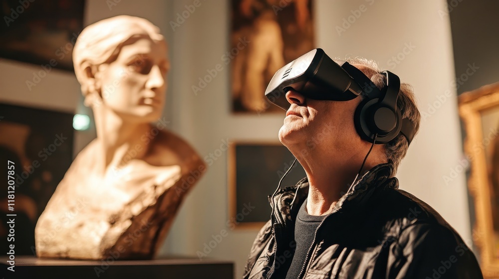 Man with blindness exploring a museum using audio guide beside a sculpture in soft lighting Man with blindness exploring a museum using audio guide beside a sculpture in soft lighting