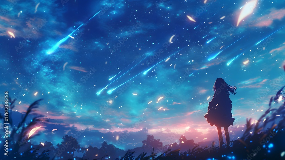 Fantasy sky in anime art, featuring star falls and beautiful flares in the night sky
