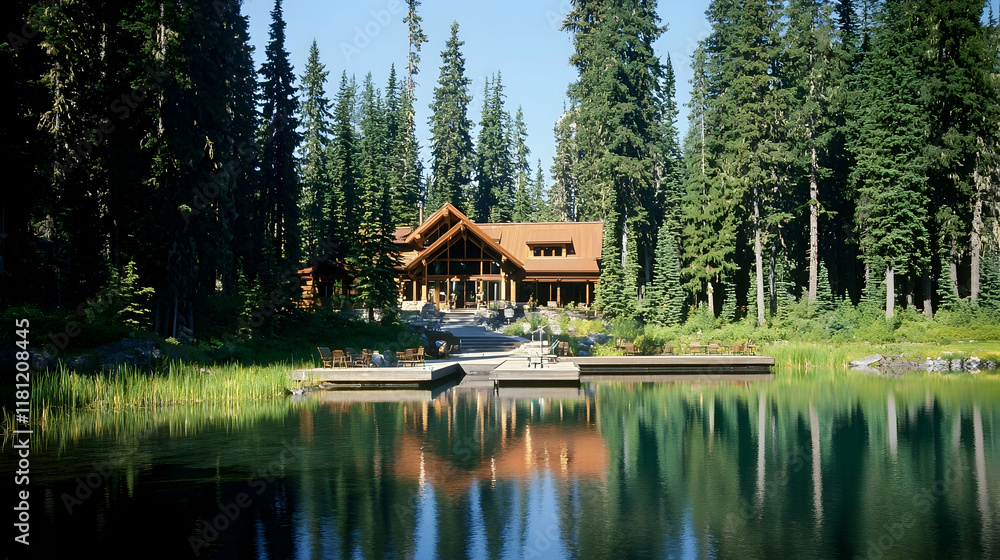 Fototapeta premium Rustic lodge by tranquil lake in forested mountains.