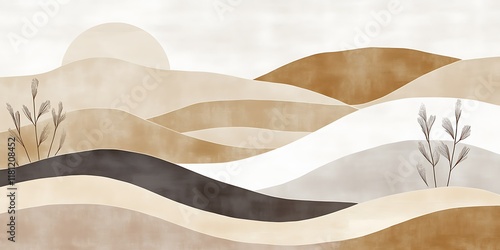 Calm sunset landscape, minimalist hills, neutral tones, serene art print.