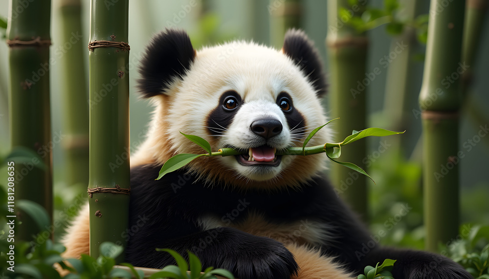 Naklejka premium Cute giant panda enjoying bamboo snack in lush bamboo forest, playful expression, wildlife moment, copy space