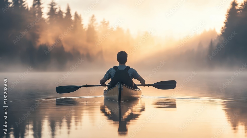 Young man with prosthetic arm paddling a canoe on a calm lake the serene dawn mist around him